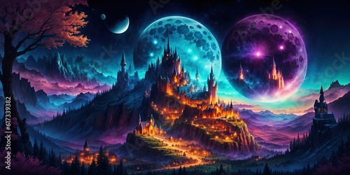 Fantastic night landscape  fictional world with a castle in the mountains.