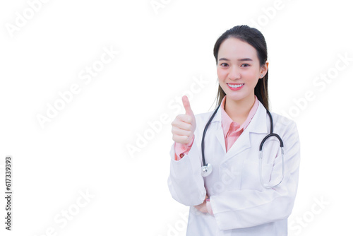 Professional young Asian woman doctor who wears medical coat shows thump up as good sign in health protection concept in health care concept isolated on white background.