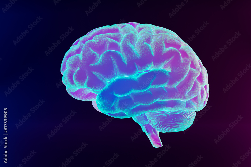 Neon brain on dark background. Deep learning , Machine learning and artificial intelligence , AI Technology, thinking concept. 3d illustration Neon brain on dark background. Deep learning , Machine learning and artificial intelligence , AI Technology, thinking concept. 3d illustration