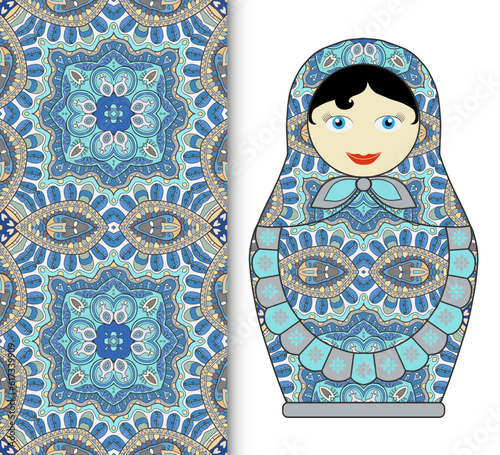 Russian doll fun toy souvenir and seamless geometric floral doodle pattern. Decorative elements for card or invitation, fabric or paper print. Hand drawn vector illustration.