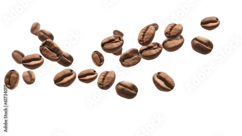 Foto This stock photo captures a visually appealing scene of various coffee beans falling from above, creating an artistic depiction of the popular drink