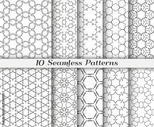 Seamless pattern set in arabic style. Stylish black and white graphic, geometric linear background. Line art texture for wallpaper, card, invitation, banner, fabric print. Ethnic ornament