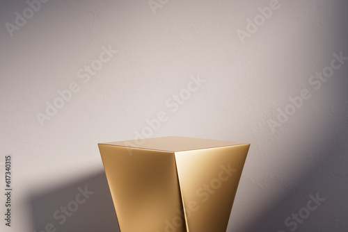 3d presentation background pedestal or dais made of gold in room illuminated by sunlight. 3d rendering of mockup of presentation podium for display or advertising purposes