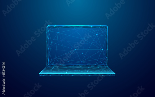 Low Poly Laptop in Technological Blue Color on Dark Background. Front View of Abstract Digital Opened Mobile Computers. Polygonal Wireframe Light Structure in Connected Dots, Lines, and Triangles.
