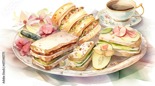 Herb Food Watercolor Painting of Sandwich Comestible Plate with Flower and Tea Cup for Party Concept.
