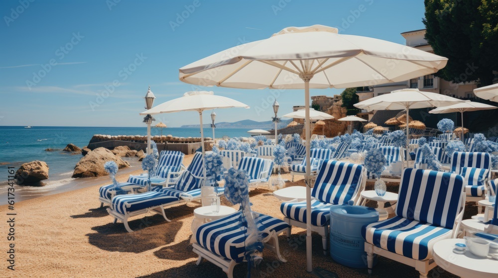 beach chairs and umbrellas on the beach, ai generative