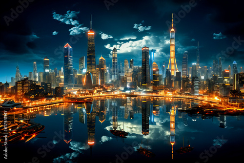 skyline at night with reflection on water. generative AI