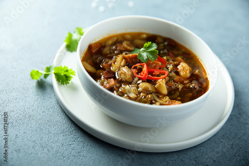 Healthy eggplant ragout with chili pepper and cilantro