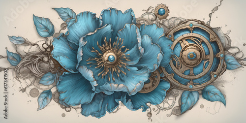  Blue, peony, old , background, generative, ai, steampunk style, vintage, watch © Svitlana