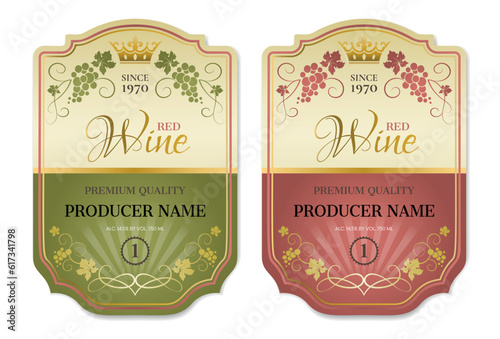 Green and red wine labels. Vector set of two labels for wine with bunches of grapes and crown. Design of the wine logo.