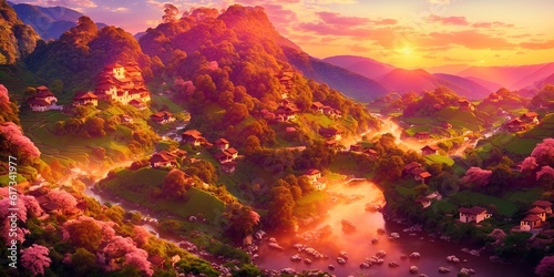 Houses with flowering trees and a river, in the mountains at sunset, dawn.