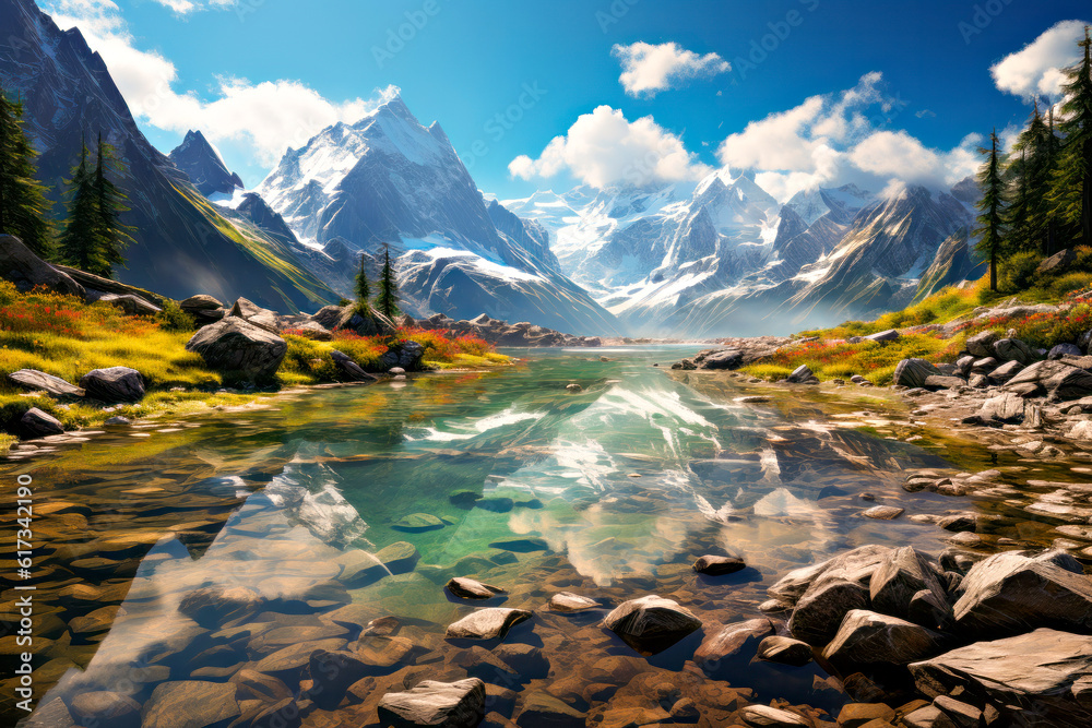 Beautiful mountain landscape with lake and snowcapped peaks in the background. generative AI