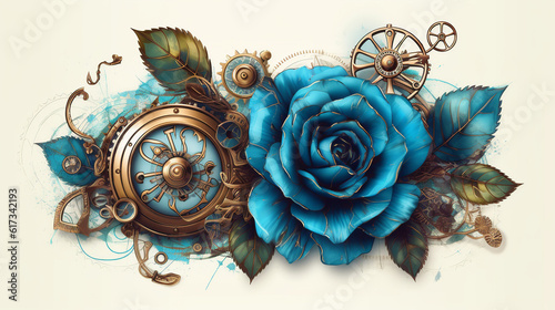  Blue, rouse, old , background, generative, ai, steampunk style, vintage, watch