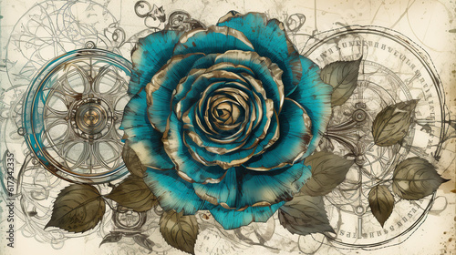  Blue, rouse, old , background, generative, ai, steampunk style, vintage, watch