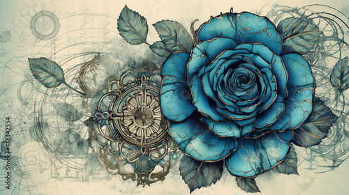  Blue, rouse, old , background, generative, ai, steampunk style, vintage, watch