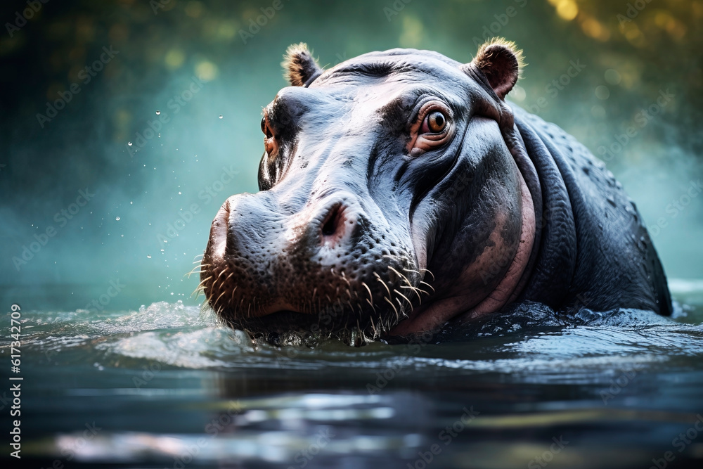 Fototapeta premium Cute hippo over the water. Generative AI