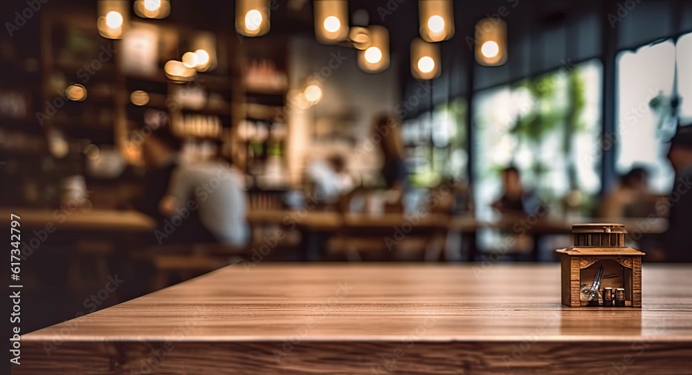 Coffee Delight. Product Showcase. Empty Wooden Table with Blurred Coffeeshop Background