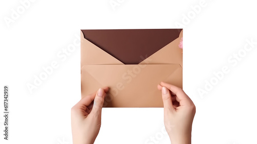 Photography of Female Hand Holding Craft Paper Envelope on White Background.