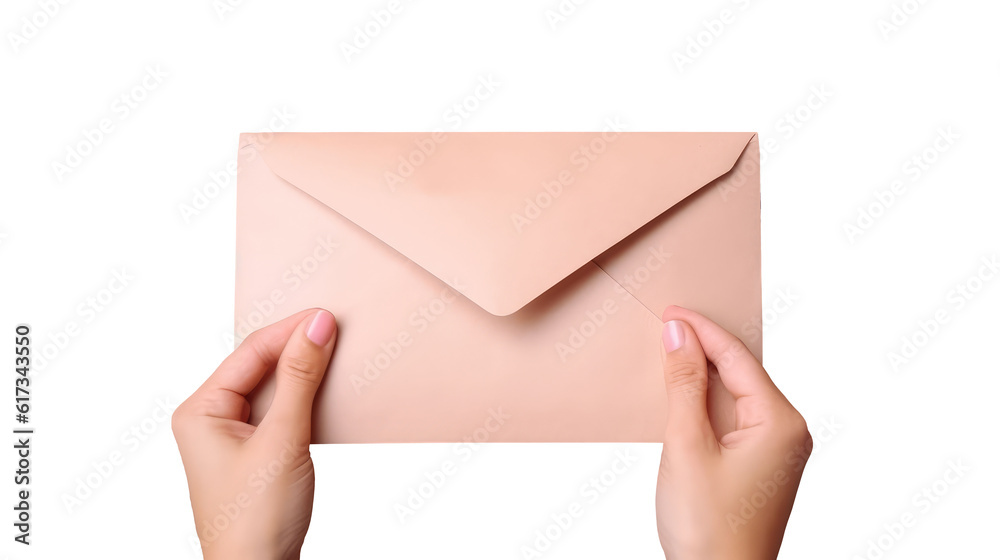 Photography of Female Hand Holding Pink Envelope on White Background.