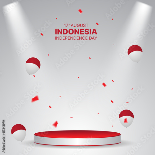 indonesia independence day banner with 3d podium, balloons and confetti. suitable for business promotion or greeting card