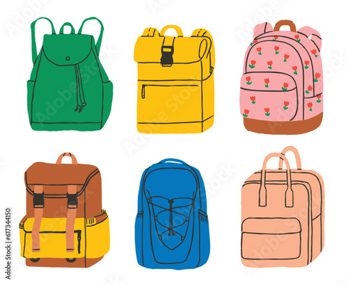 Set of hand drawn school backpack  Education and study back to school, schoolbag luggage, rucksack vector illustration. Kids school bag isolated