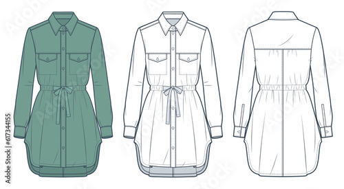 Shirt Dress technical fashion Illustration. Drawstring Dress fashion flat technical drawing template, long sleeve, button down, front, back view, white, green, women, men, unisex CAD mockup set. 