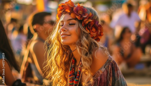 Happy young girl in bohemian outfits party away at a music festival or other hippie celebration. A young girl dances to the groove. summer vacation, boho concept Copy space