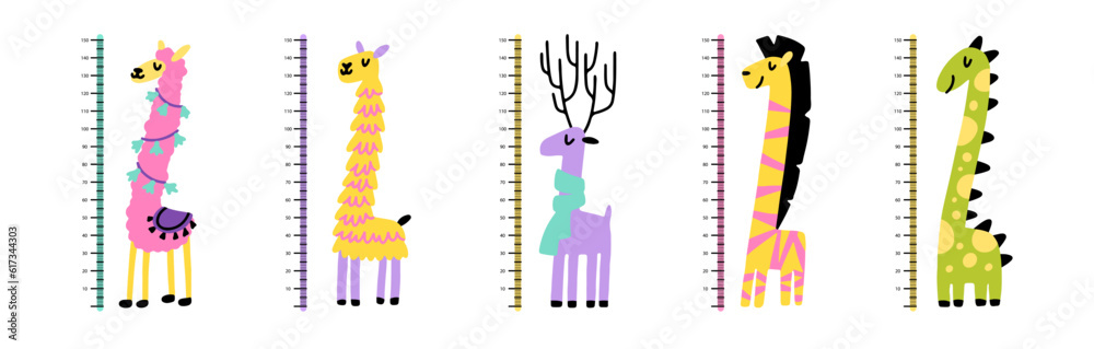 A set of rulers to measure the height of children. Cute cartoon animals in a naive style - alpaca, llama, zebra, deer, dinosaur. - obrazy, fototapety, plakaty 
