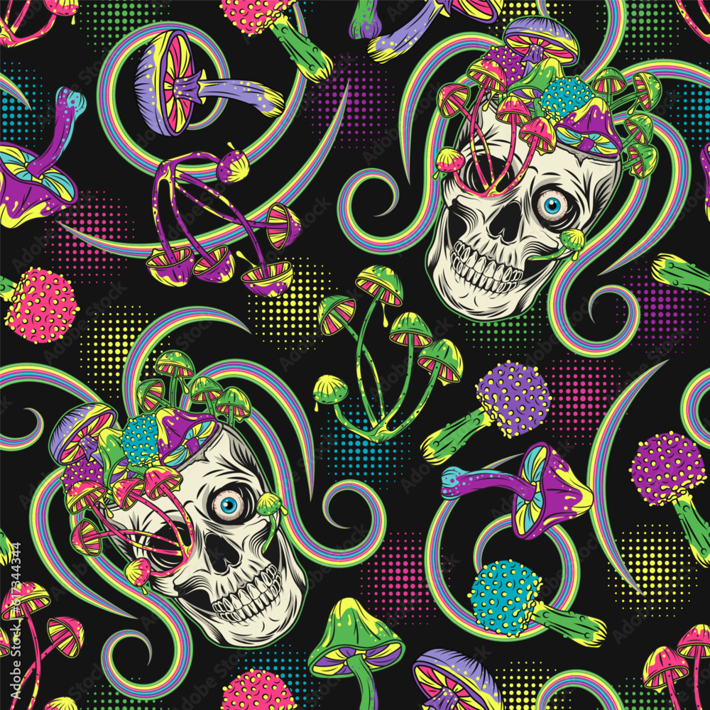 Obraz premium Psychedelic label with human skull, mushrooms