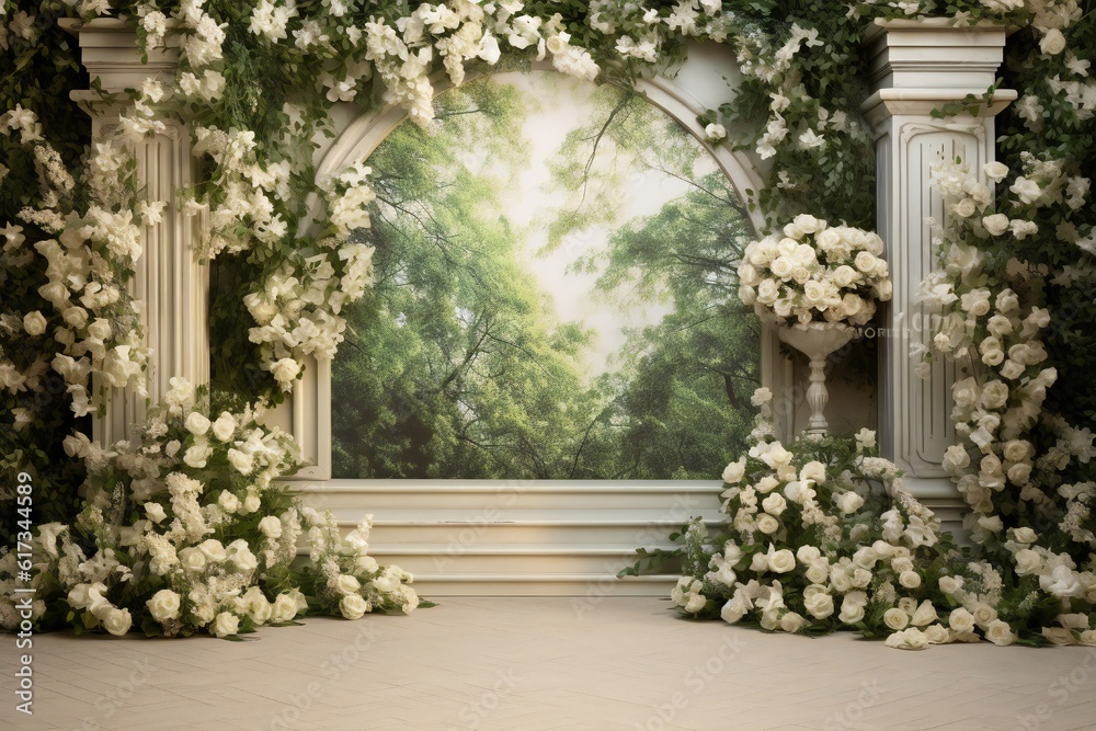 Front view, white roses garden backdrop for wedding Generative AI 