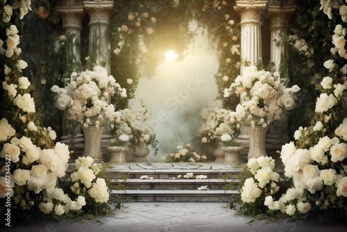 Front view, white roses garden backdrop for wedding Generative AI 