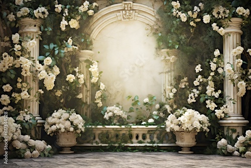 Front view, white roses garden backdrop for wedding Generative AI 
