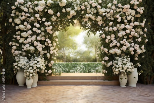 Front view, white roses garden backdrop for wedding Generative AI 