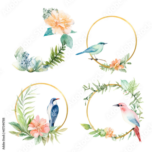 Watercolor Set of Birds with Flowers and Circular Frame.