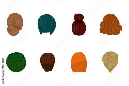 Women hairstyle concept. Collection with natural wigs and beautiful hairstyles. Back view vector illustration