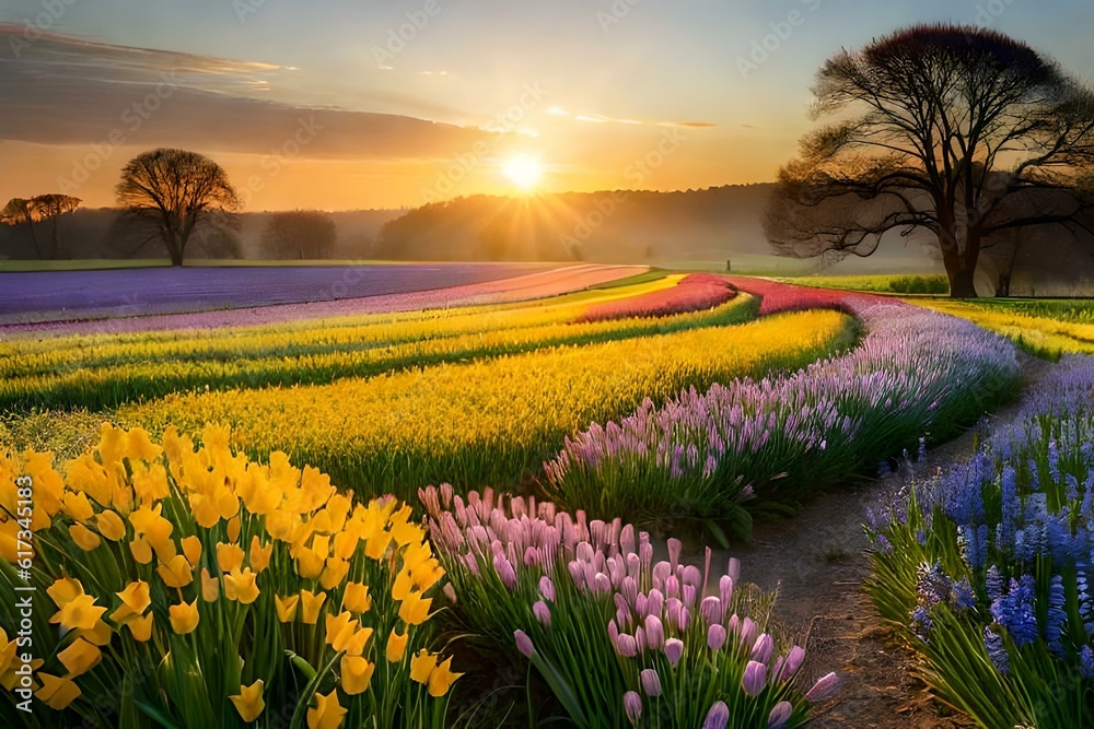 field of tulips at sunset Generated Ai