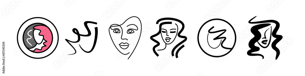 beauty salon icons set. color logos beautiful faces of young girls beauty salon icons set. color logos beautiful faces of young girls