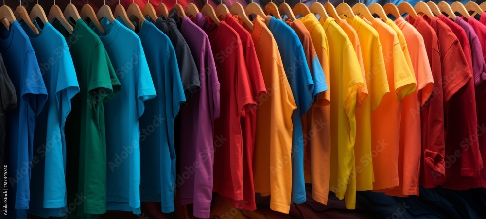 Clothing / clothes fashion background - Colorful t shirts on hangers and clothes rail in a store (Generative Ai)