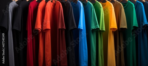 Clothing / clothes fashion background - Colorful t shirts on hangers and clothes rail in a store (Generative Ai)