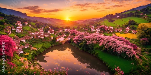 Houses with flowering trees and a river, in the mountains at sunset, dawn. © Andreas