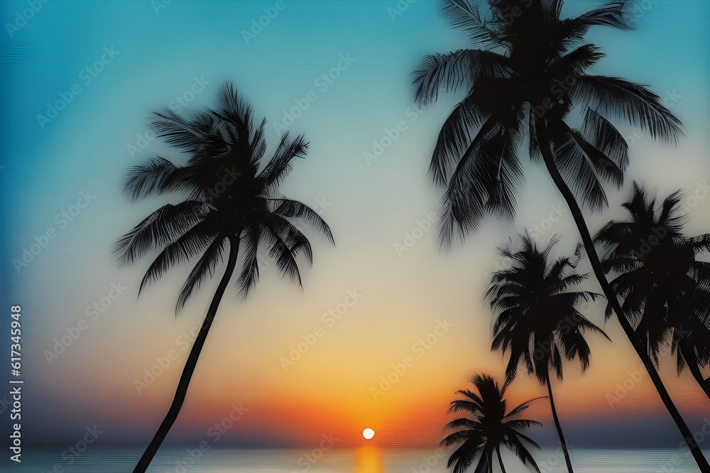 An illustration of beach lanscape with palm trees. (AI-generated fictional illustration)
