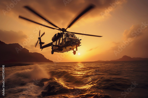 AI generated image of army helicopter above sea