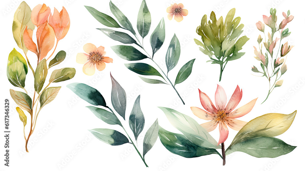 Watercolor Drawing Blossom Clementine Flowers, Leaves Decorated Background.