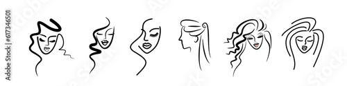 beauty salon icons set. color logos beautiful faces of young girls
