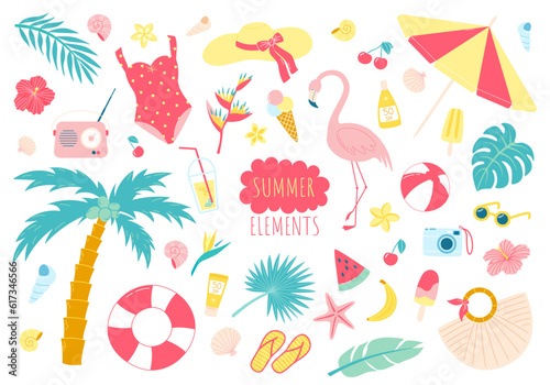Summer beach elements set. Sea and ocean recreation accessories collection. Vector summer vacations set