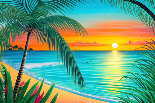 An illustration of beach lanscape with palm trees. (AI-generated fictional illustration) 