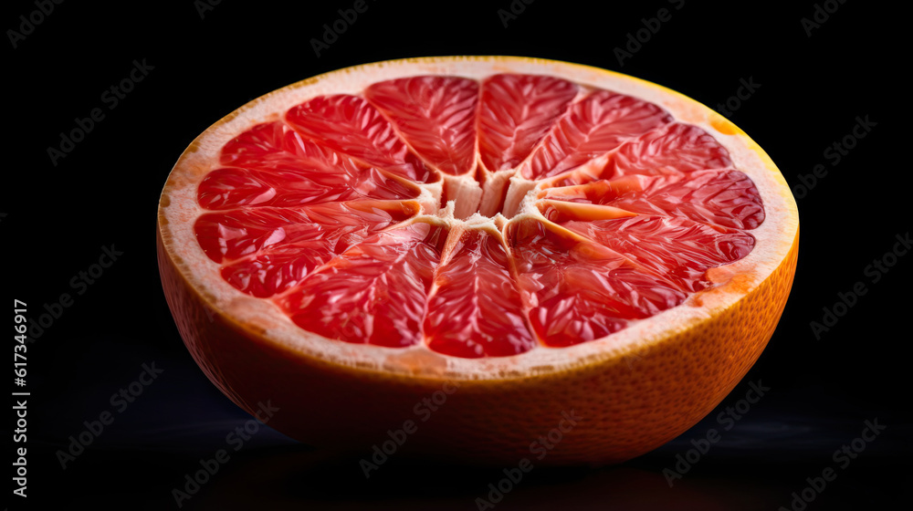 3D Art Image of Half Cut Juicy Grapefruit Slice Isolated on Black Background. Generative AI. 3D Art Image of Half Cut Juicy Grapefruit Slice Isolated on Black Background. Generative AI.