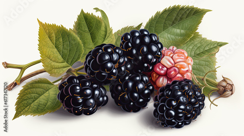 3D Art Image or Realistic Blackberries Branch on White Background. Generative AI.