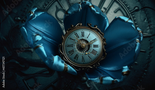 floral, vintage background,, flover, products, enginer, generative, ai, steampunk, background, clockwork, brooch, blue,tulip