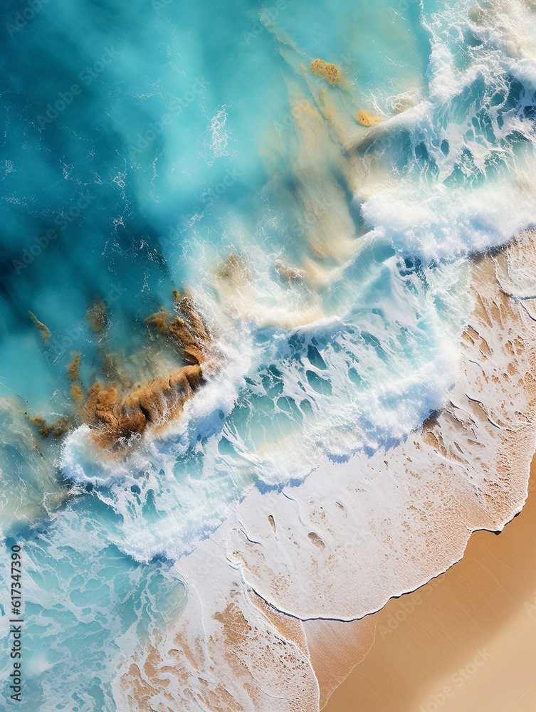 Beach waves clashing in turquoise sea foam, created with AI Generative Technology